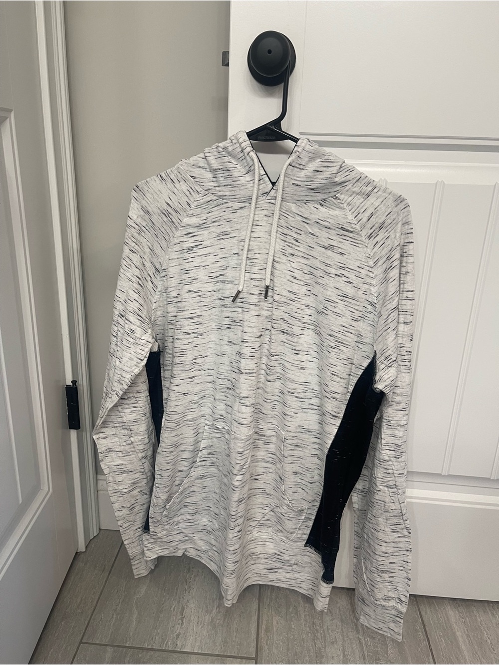 Light Heather Gray Marled Hooded Pullover with Black Side Panels